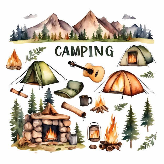 Photo evening atmosphere in the camp watercolor hand painted isolated illustration on white background