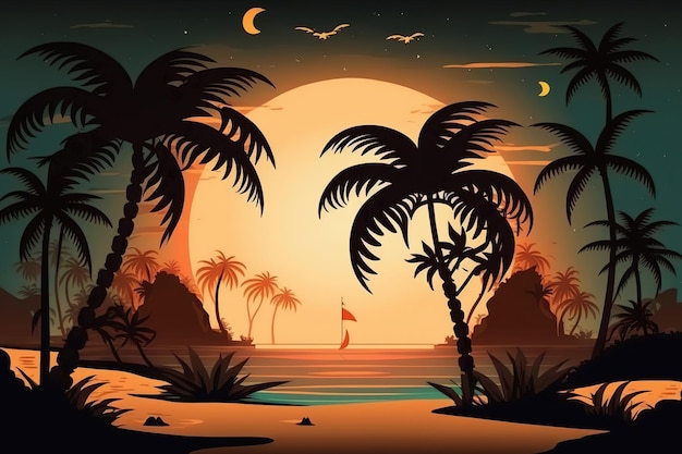 Evening beach wallpaper with coconut trees