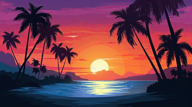 Evening on the beach with palm trees