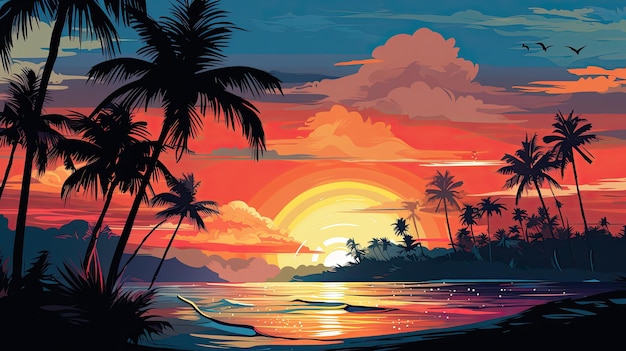 Evening on the beach with palm trees