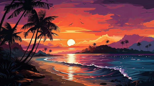 Evening on the beach with palm trees