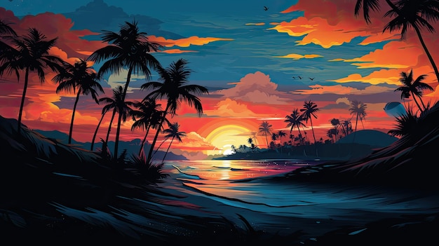 Evening on the beach with palm trees