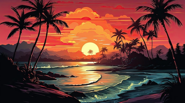 Evening on the beach with palm trees