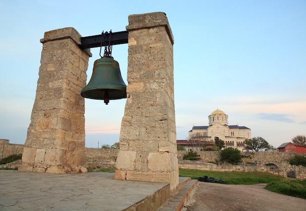 Evening the bell of Chersonesos (ancient town) and St Vladimir's Cathedral (Sevastopol, Crimea, Ukraine)