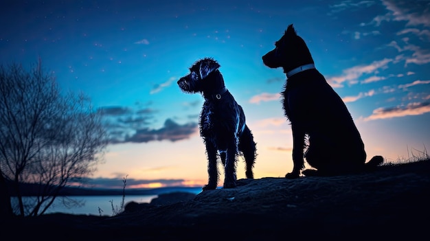 夕方のブルーアワーが犬のシルエットを照らす