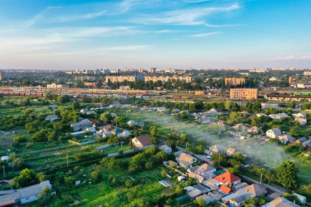 Evening city under beautiful blue sky