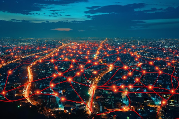 The evening city is highlighted with red and blue lines The concept of total control by artificial