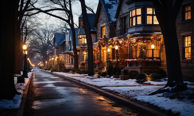 クリスマスのライトと装飾の夕方の街道 選択的なソフトフォーカス