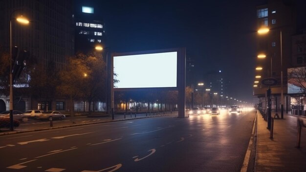 Evening cityscape with road and empty billboard Empty roadside billboards at evening in city