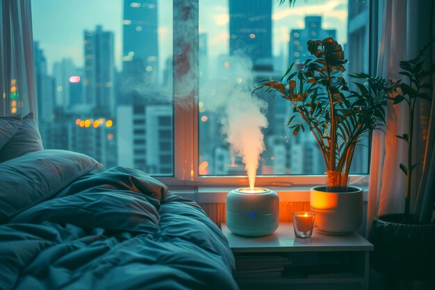 Вечер опускается на спокойную спальню, освещенную светящимся увлажнителем и нежной атмосферой городских огней.