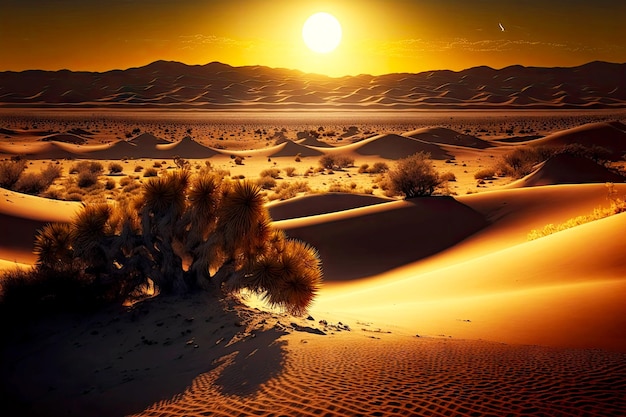 Evening desert with sun setting behind desert dunes
