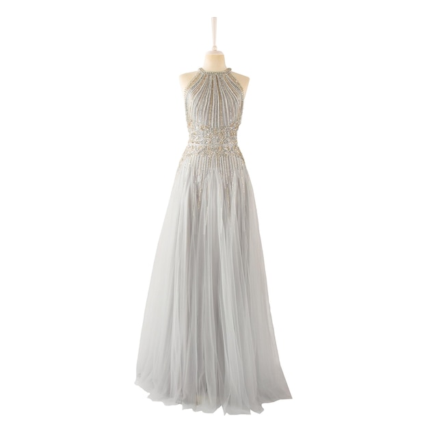 The evening dress is isolated on a white background