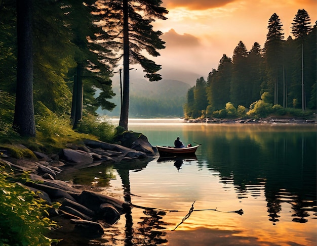 Evening fishing on a quiet lake in the forest