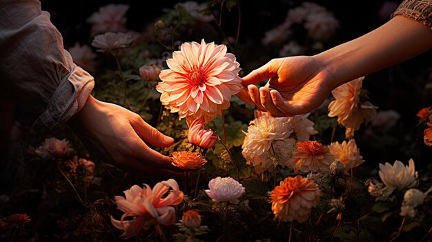 Photo evening in a flower park hands and flowers