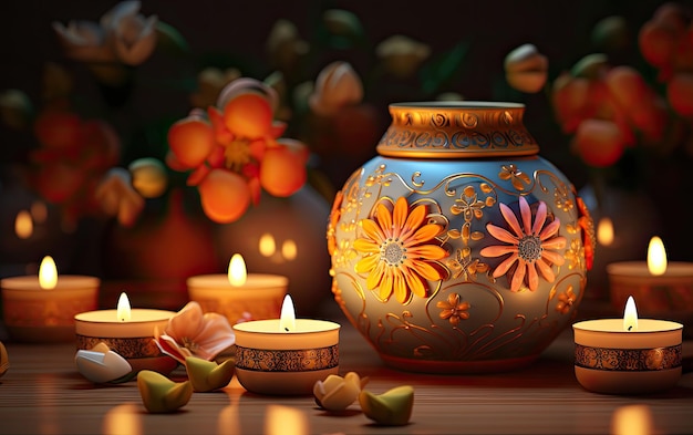 Evening glow diwali in 3d with flower and lamp ornaments