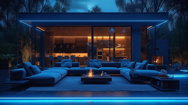 Evening Innovation glasswalled home with a captivating digital smart home display