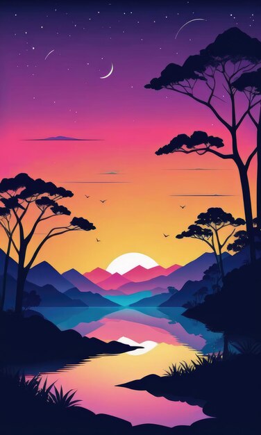 Evening landscape colorful nature scene flat design background