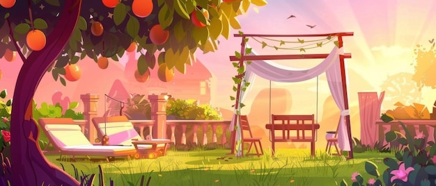 Вечерний пейзаж загородного дома на закате или восходе солнца с фруктовыми деревьями, арбором, люлькой, гостиной, деревянным столом, стульями и собачьим домом