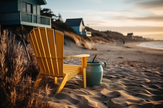 저녁 조명이 있는 북쪽 해안의 해변 의자가 있는 저녁 풍경은 차분한 가을 분위기를 자아냅니다.