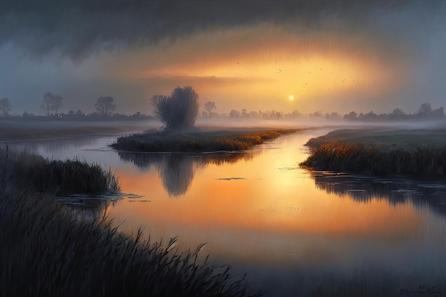 Evening landscape with haze over river and wet banks