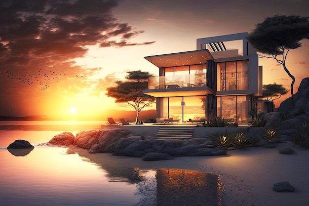 Evening landscape with modern luxury beachfront villa against backdrop of setting sun generative ai