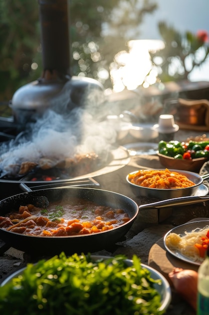 Evening light filters through steam rising from sizzling dishes being prepared outdoors