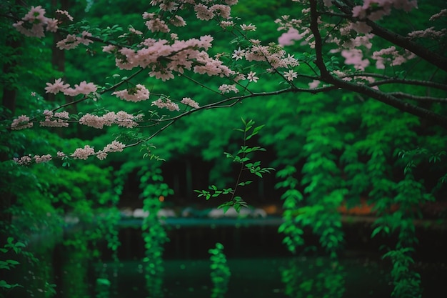 夕方の光は緑の草と野の花の上に輝く