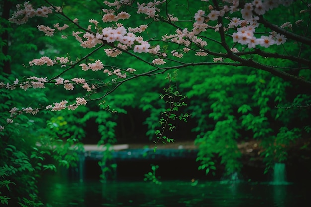 夕方の光は緑の草と野の花の上に輝く