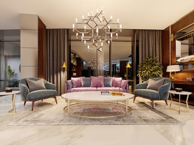 Evening lobby in the hotel, with a purple sofa, two blue armchair, a marble magazine table and a bedside table with a mirror. Modern interior design, 3d rendering