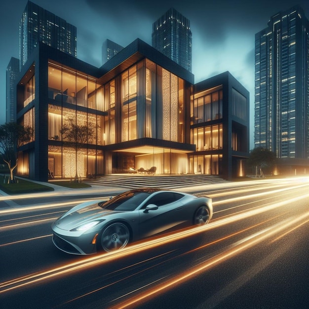 저녁 럭셔리 크루즈 멋진 자동차는 저녁에 현대적인 건물로 둘러싸인 도시 거리를 가로질러 빠르게 달린다