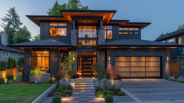 Photo in the evening a modern home exterior is illuminated by multiple electrical panels