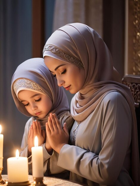 Photo in the evening mother and daughter wearing hijab are praying