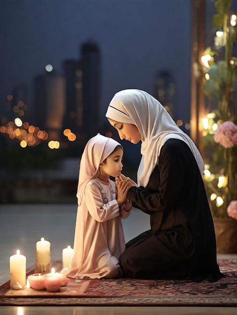 Photo in the evening mother and daughter wearing hijab are praying