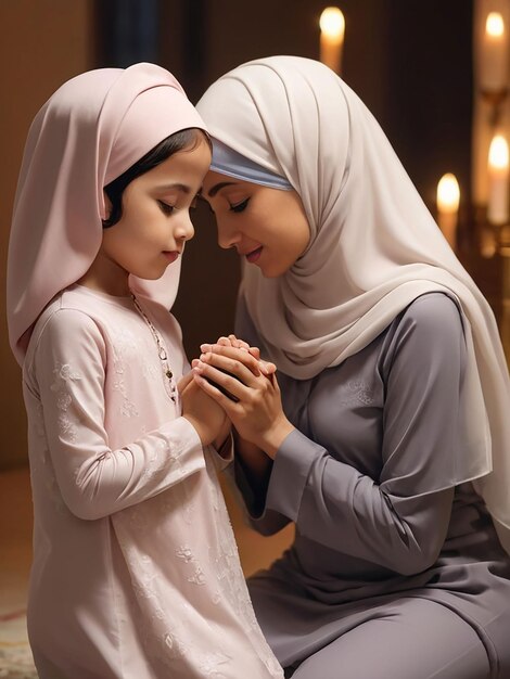 Photo in the evening mother and daughter wearing hijab are praying