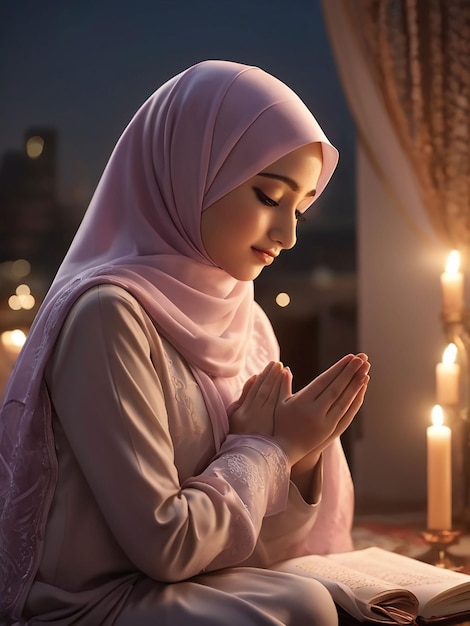 Photo in the evening mother and daughter wearing hijab are praying