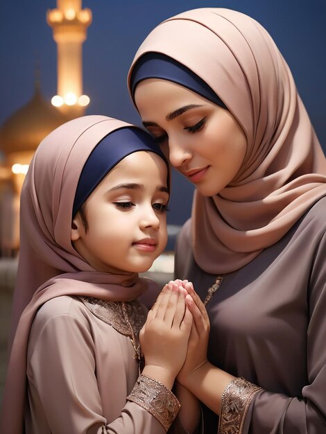 Photo in the evening mother and daughter wearing hijab are praying