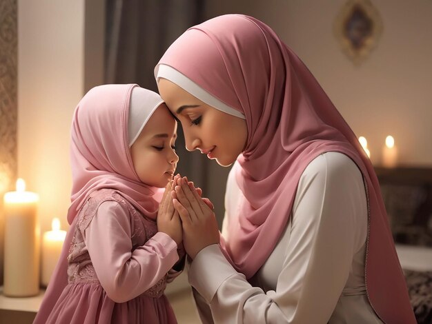 Photo in the evening mother and daughter wearing hijab are praying