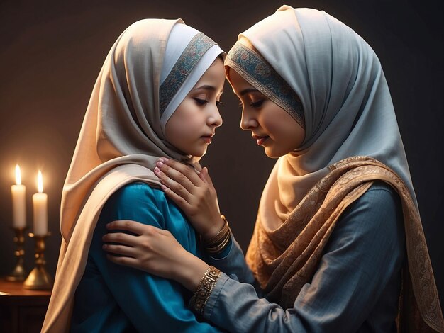 Photo in the evening mother and daughter wearing hijab are praying