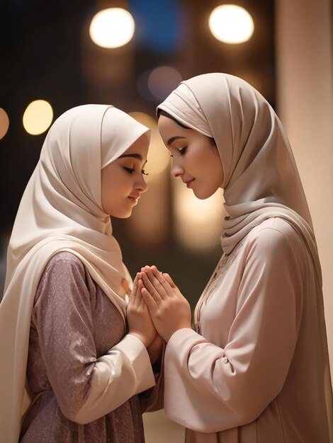 Photo in the evening mother and daughter wearing hijab are praying