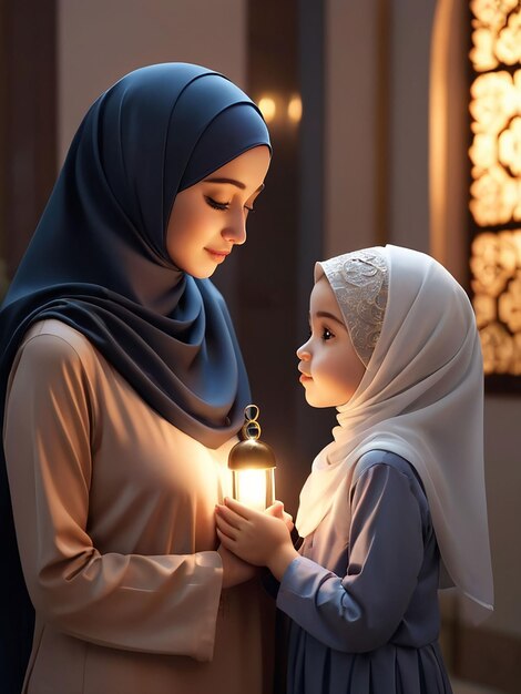 In the evening mother and daughter wearing hijab are praying