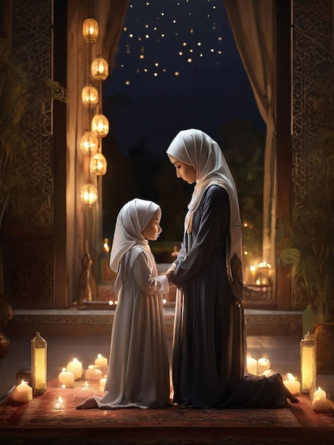 In the evening mother and daughter wearing hijab are praying