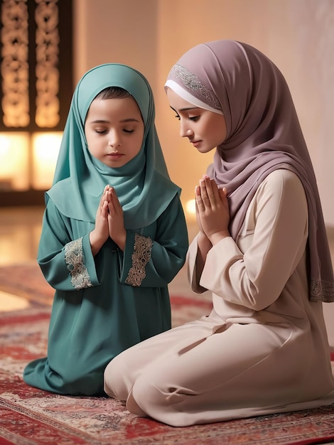 In the evening mother and daughter wearing hijab are praying