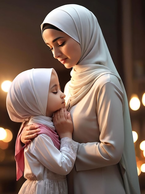 In the evening mother and daughter wearing hijab are praying