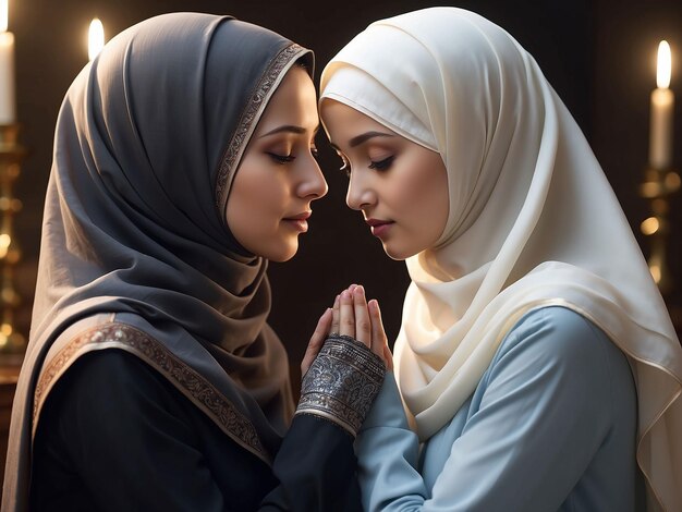 Photo in the evening mother and daughter wearing hijab are praying