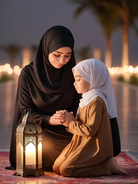 In the evening mother and daughter wearing hijab are praying