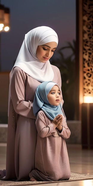 Photo in the evening mother and daughter wearing hijab are praying