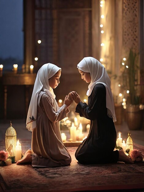 Photo in the evening mother and daughter wearing hijab are praying