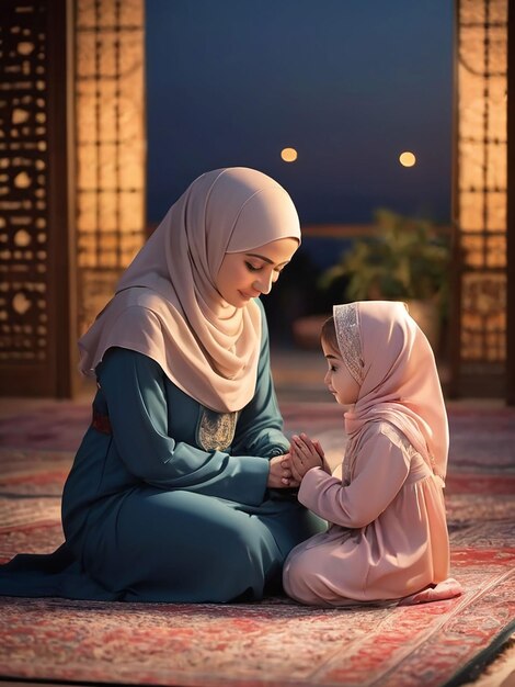 Photo in the evening mother and daughter wearing hijab are praying
