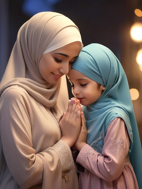 Photo in the evening mother and daughter wearing hijab are praying