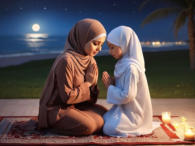 In the evening mother and daughter wearing hijab are praying